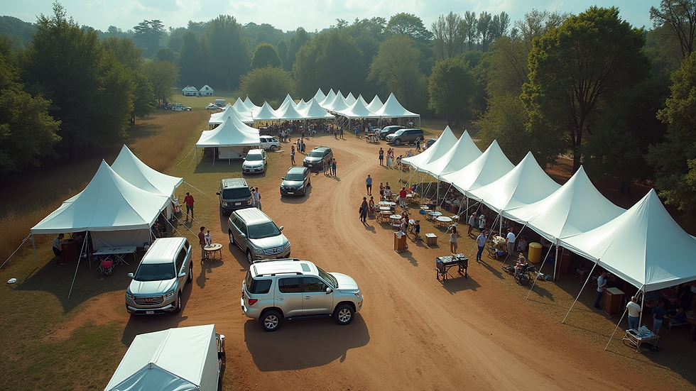 High angle view of a busy event setup with tents and equipment