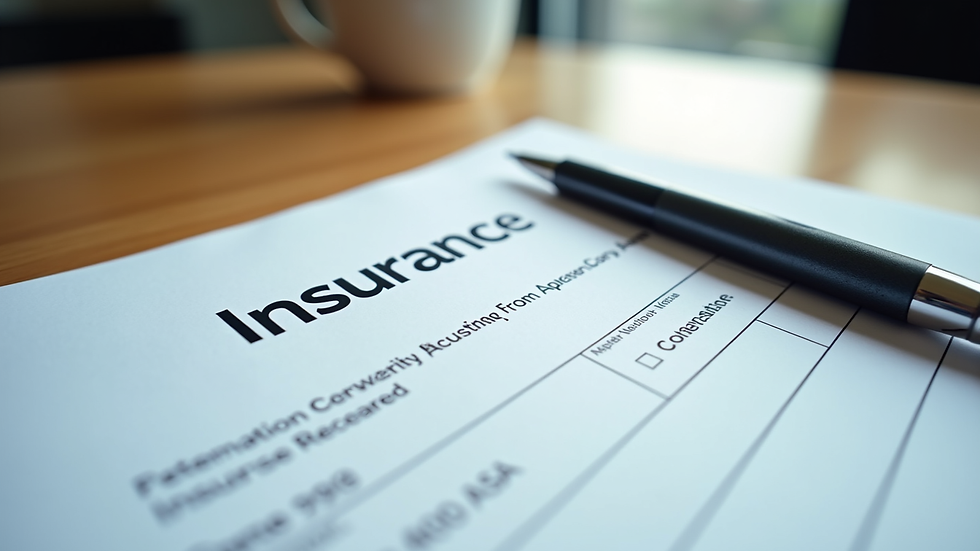 Close-up view of insurance documents and a pen on a wooden table