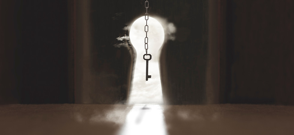 surreal hanging key is the solution to open the lock to achieve freedom, abstract concept.