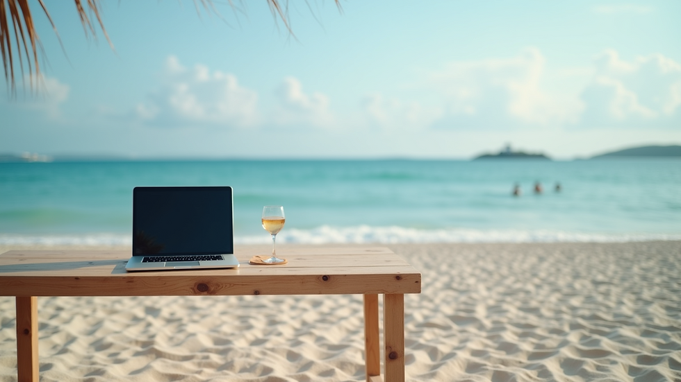Wide angle view of a serene beach with a laptop on a wooden table