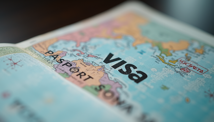 Close-up view of a passport and visa stamp on a travel document