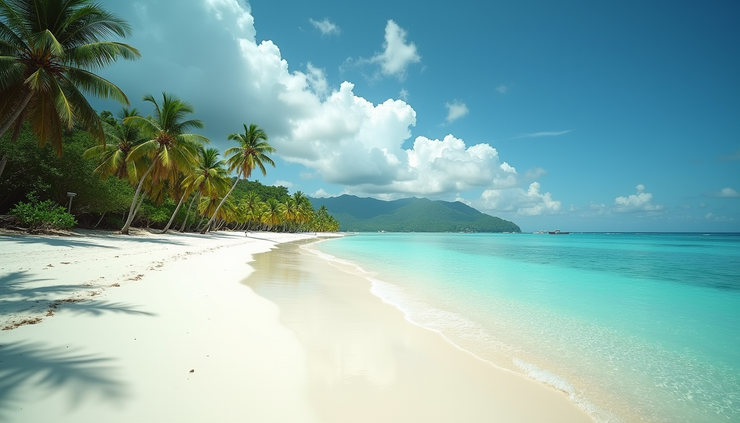 Wide angle view of a pristine white sand beach with turquoise water and palm trees