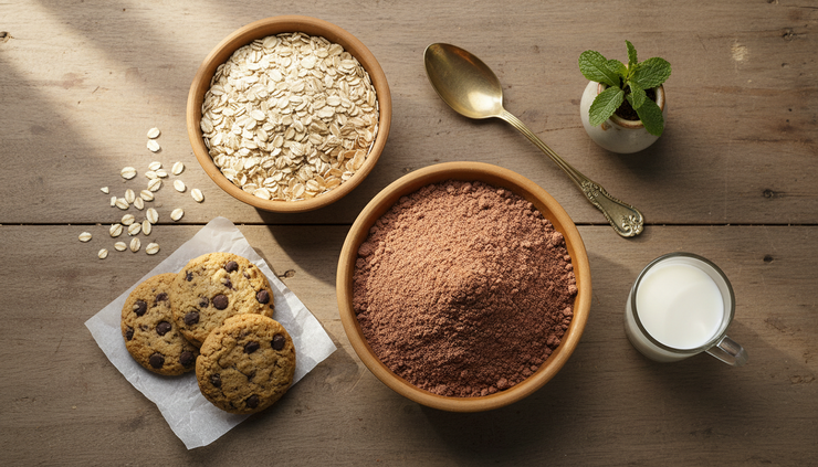 Top-down view of ragi flour, rolled oats, and healthy Indian cookies on a kitchen counter
