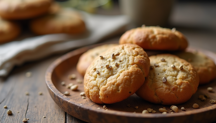 Close-up view of jeera whole wheat cookies on a rustic wooden plate