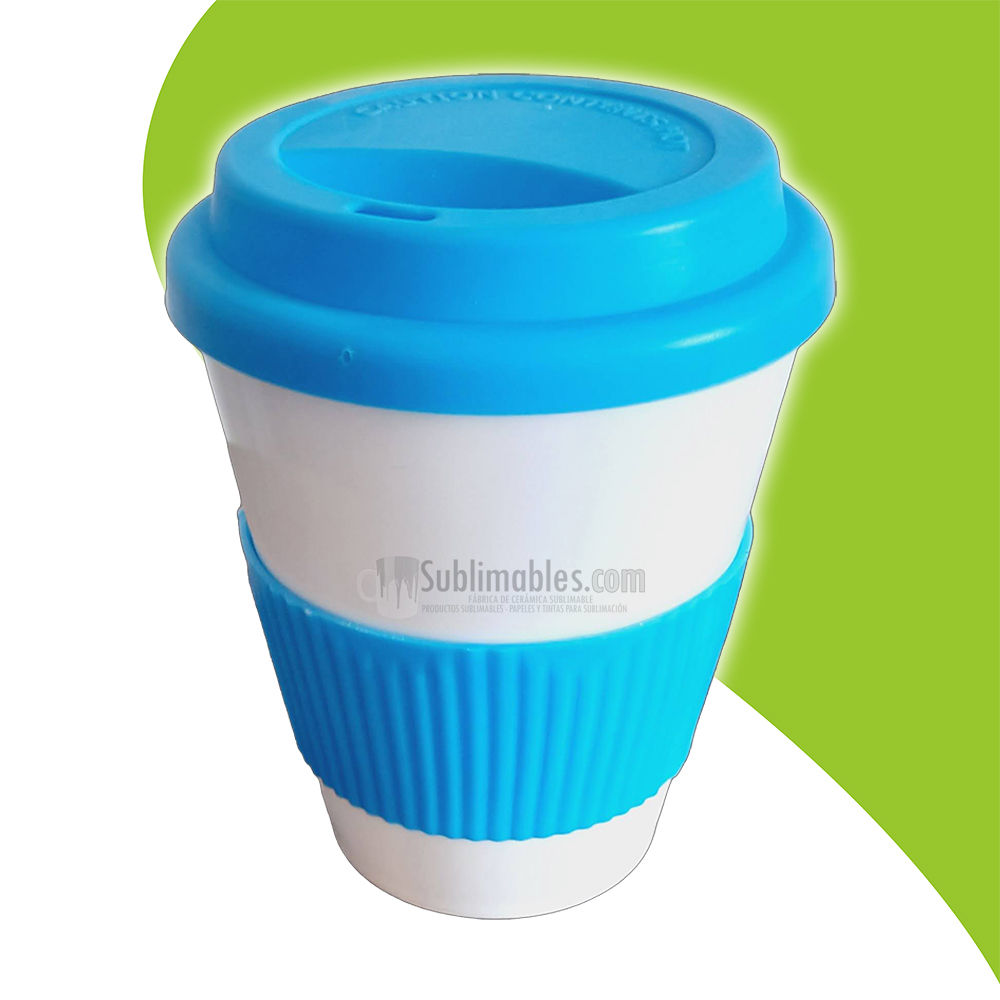 VASO CÓNICO PLÁSTICO TAPA Y AGARRE SILICONA CELESTE SUBLIMABLE