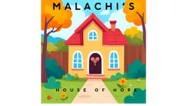 Malachi'sHouse of Hope with yello house, red roof, heart and cross symbol on the door surrounded by trees