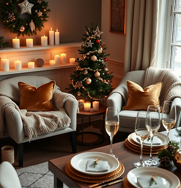 A holiday space with cozy chairs with throws and velvet pillows, candles, lights, a small