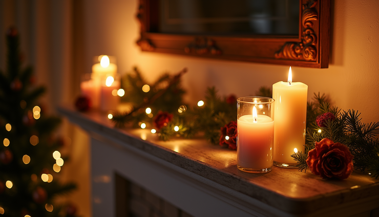 Eye-level view of a softly lit living room mantel with candles and string lights