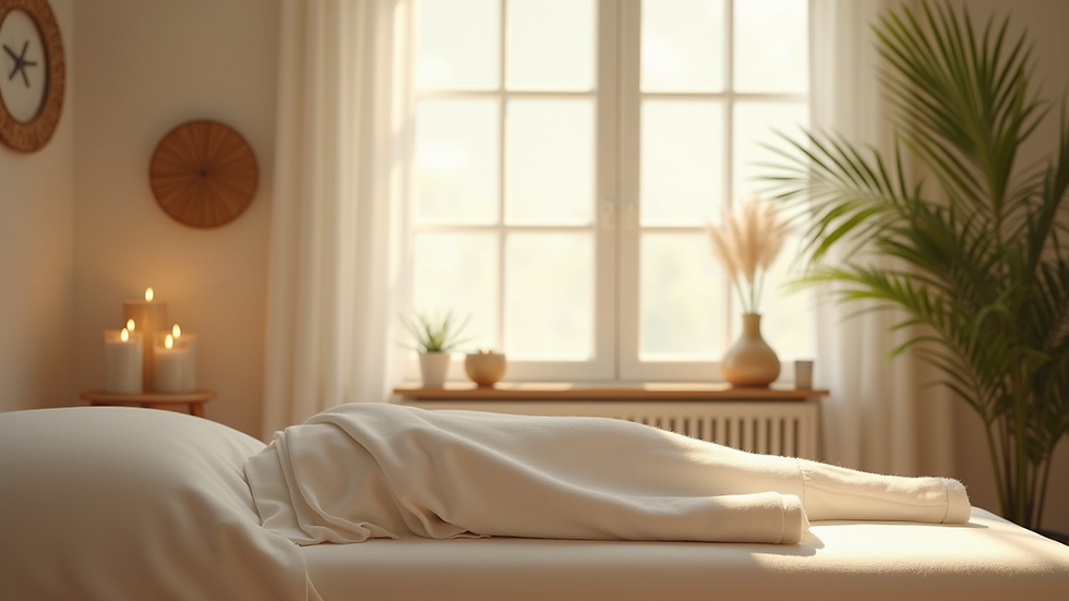 Eye-level view of a serene therapy room with soft lighting and natural decor