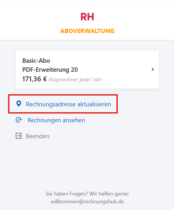 Startseite der Rechnungshub-Aboverwaltung mit rot markiertem Link „Rechnungsadresse aktualisieren“, über den die Rechnungsadresse für zukünftige Rechnungen geändert werden kann.