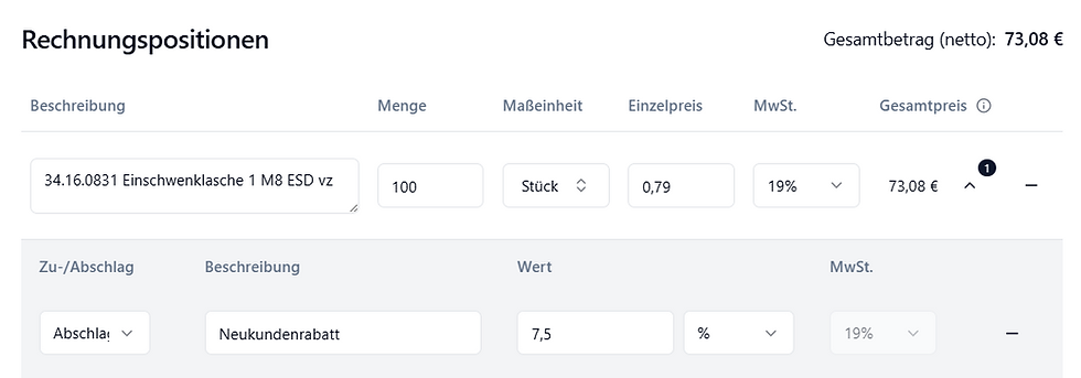 Screenshot einer Rechnungsposition mit Abschlag, der die korrekte Berechnung und Rundung des Zeilennettobetrags in einer E-Rechnung zeigt.
