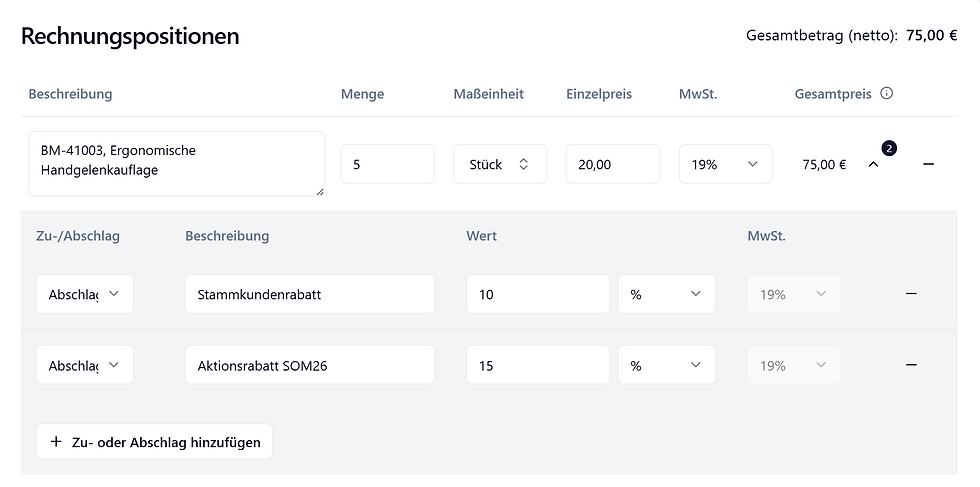 Screenshot in Rechnungshub mit 2 Rabatten auf Positionsebene. Diese werden addiert.