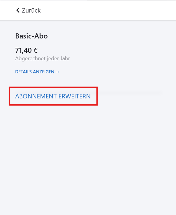 Rechnungshub Aboübersicht mit markiertem Link „Abonnement erweitern“