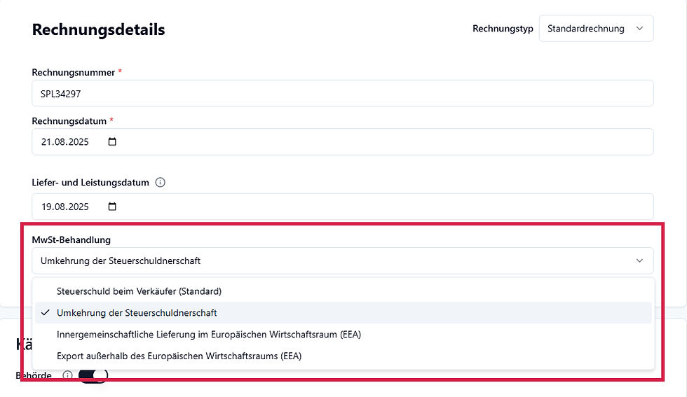 Dropdown-Menü für MwSt-Behandlung in Rechnungshub für Auslandsrechnungen