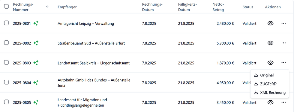 In der Rechnungsliste lässt sich jede Rechnung als ZUGFeRD oder XML-Datei herunterladen.