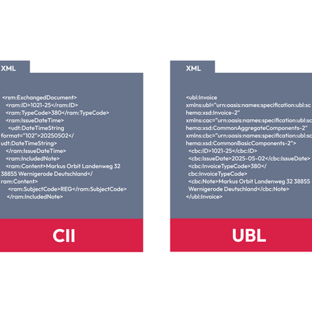 Vergleich von CII- und UBL-Code: E-Rechnung in zwei XML-Sprachen.