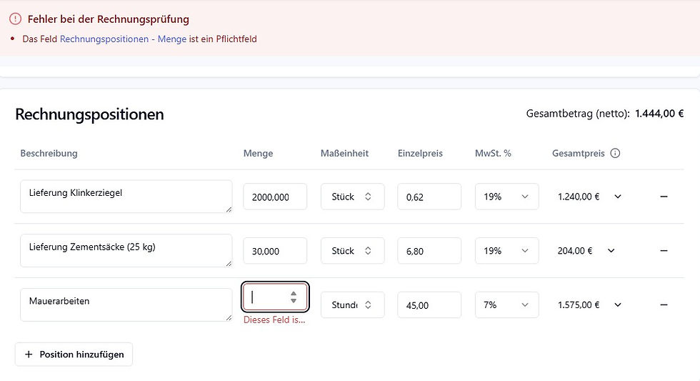 Die Rechnungshub Software stellt sicher, dass alle verpflichtenden Positionsangaben eingetragen sind.