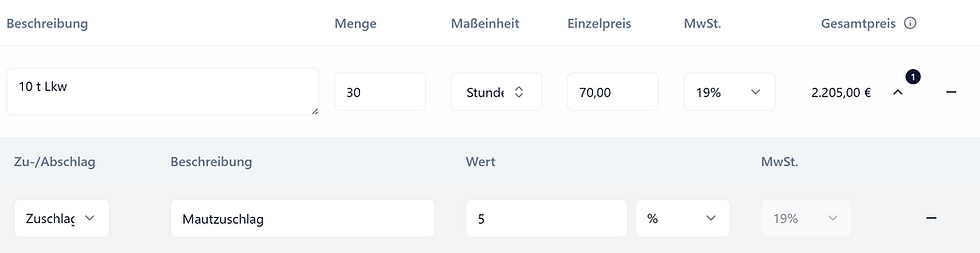 Berechnung einer einzelnen E-Rechnungsposition inklusive Menge Einzelpreis und Mautzuschlag