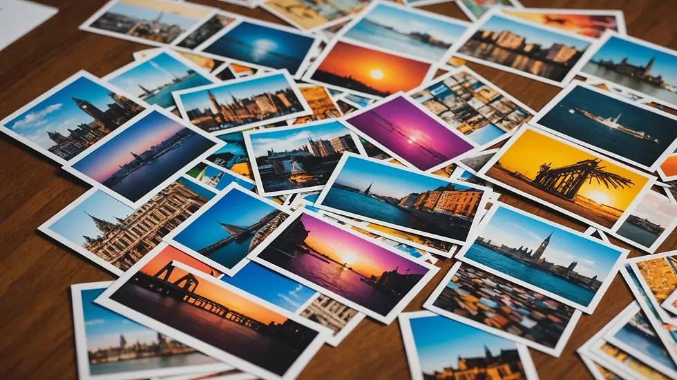 Eye-level view of colorful postcards scattered on a table