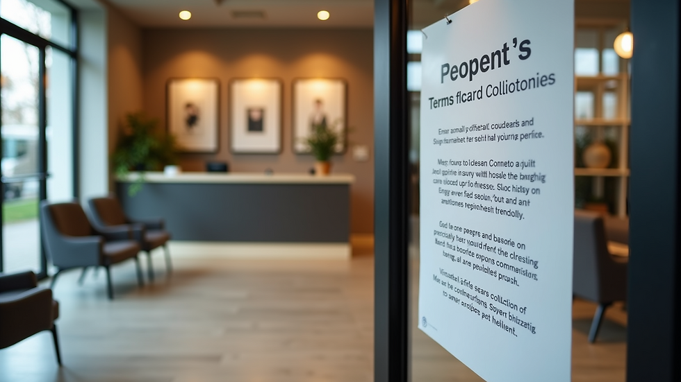 High angle view of a salon reception area with visible terms and conditions poster