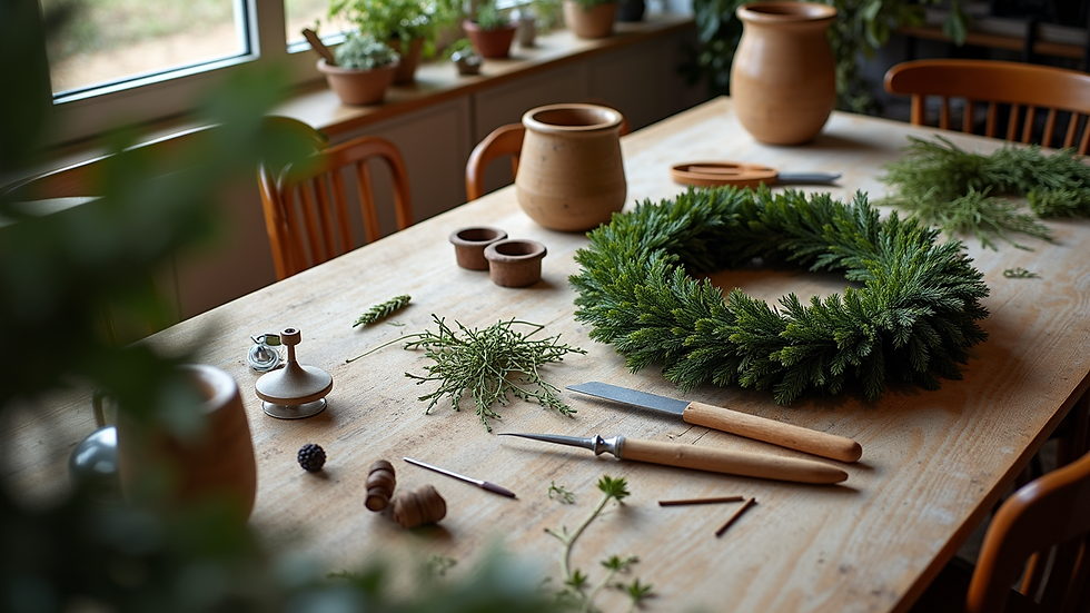 High angle view of a craft table with wreath-making supplies and tools