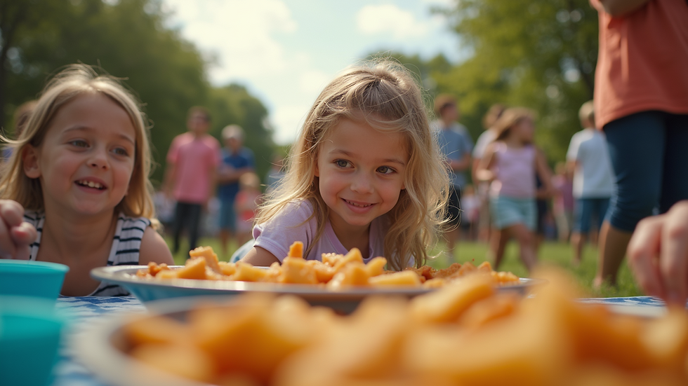 Eye-level view of a community block party with families enjoying food and games
