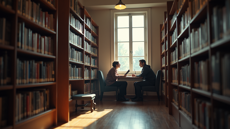 Eye-level view of a cozy library with students engaged in discussions