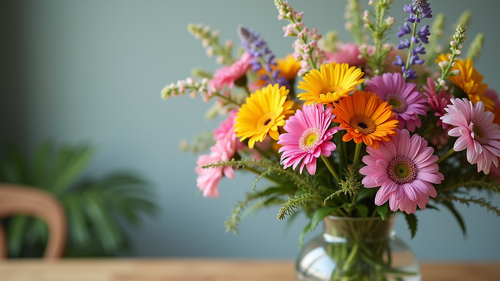 Close-up view of a colorful mixed flower bouquet in a glass vase