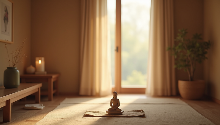 Eye-level view of a serene meditation space with a single candle and a small statue