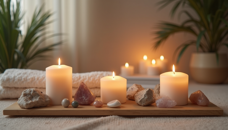 Eye-level view of a calm Reiki healing space with crystals and candles arranged neatly
