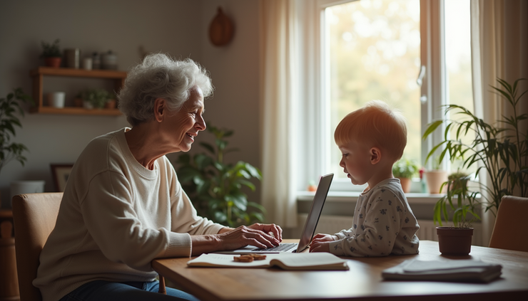 Eye-level view of a grandmother working on a laptop at home with a child playing nearby