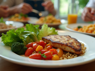 Balanced family dinner plate with vegetables and grains