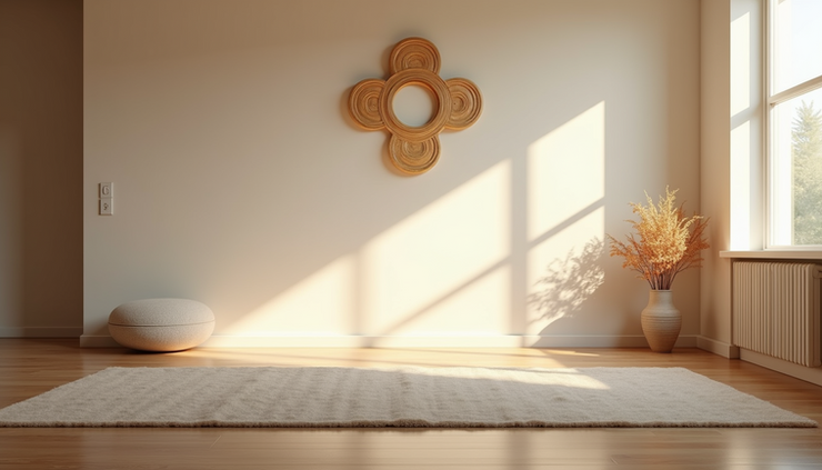 Eye-level view of a calm meditation space with Reiki symbols on the wall