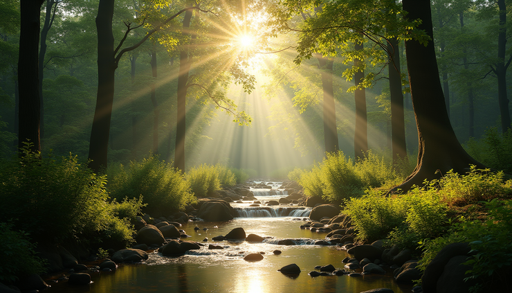 Eye-level view of a serene forest with soft sunlight filtering through the trees and a small stream flowing gently