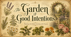 Title image with plants and flowers: The Garden of Good Intentions: Planting, Growing with Purpose, and Cultivating What We Hope to Become