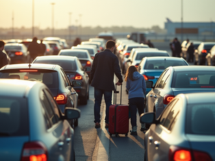 Father and daughter walking through a crowded airport parking lot while dragging their luggage