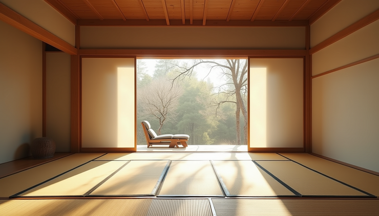 Eye-level view of a quiet Japanese meditation room with tatami mats and soft natural light
