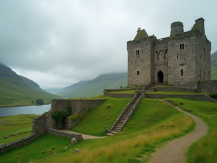 Historic Scottish castle surrounded by hills