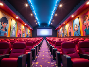 Family-friendly movie theater lobby with animated characters