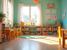A bright early learning classroom designed for play-based and academic activities