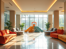 Hotel lobby with beautiful sofas and a kids play area
