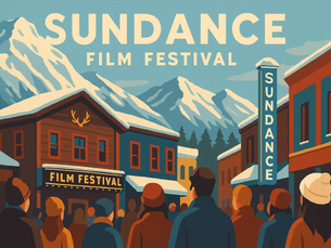 An illustrated scene of the streets of Park City during the Sundance film festival.