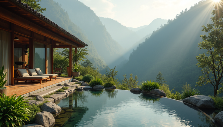 Eye-level view of a serene mountain retreat with a meditation garden