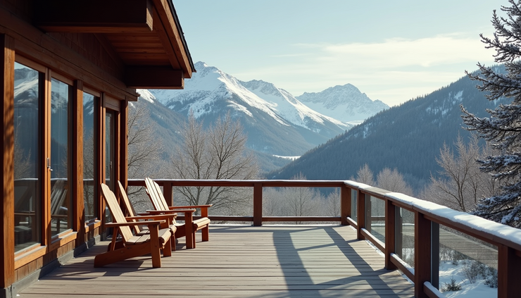 High angle view of a Sundance cabin deck with outdoor seating and mountain views