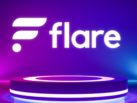 Flare logo glowing on a futuristic purple and blue stage, representing a blockchain network built to connect blockchains and real-world information securely.