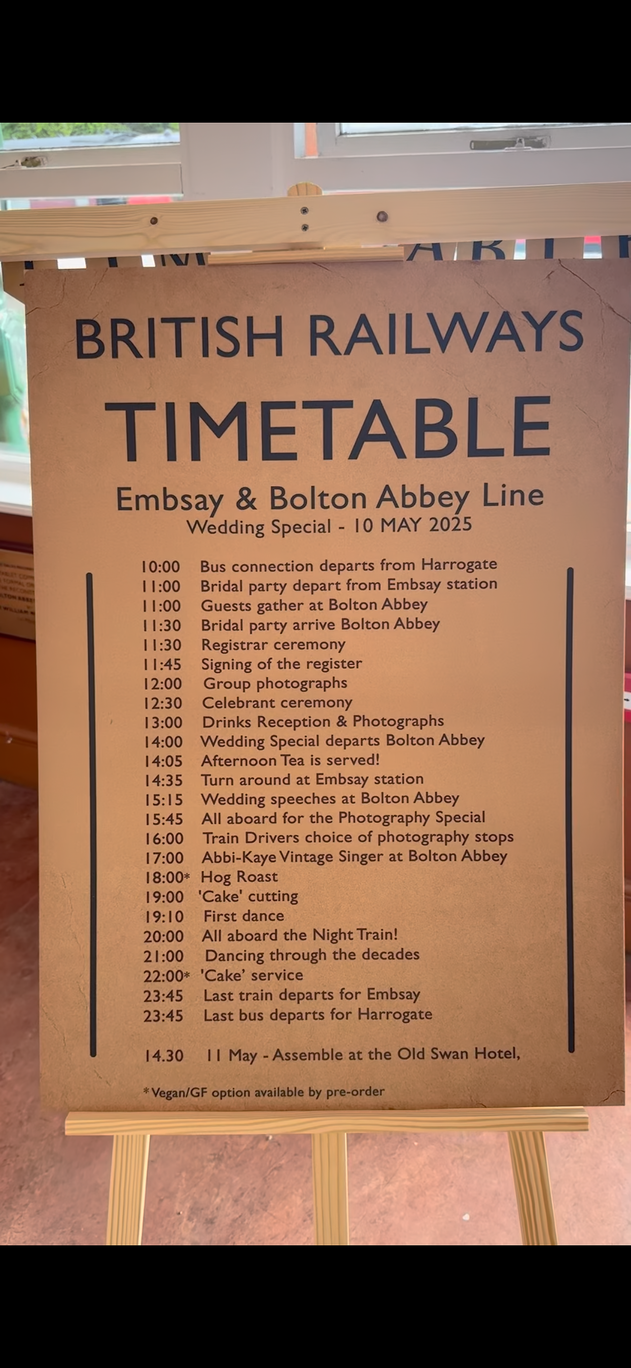 British railways timetable (running order of the wedding day)