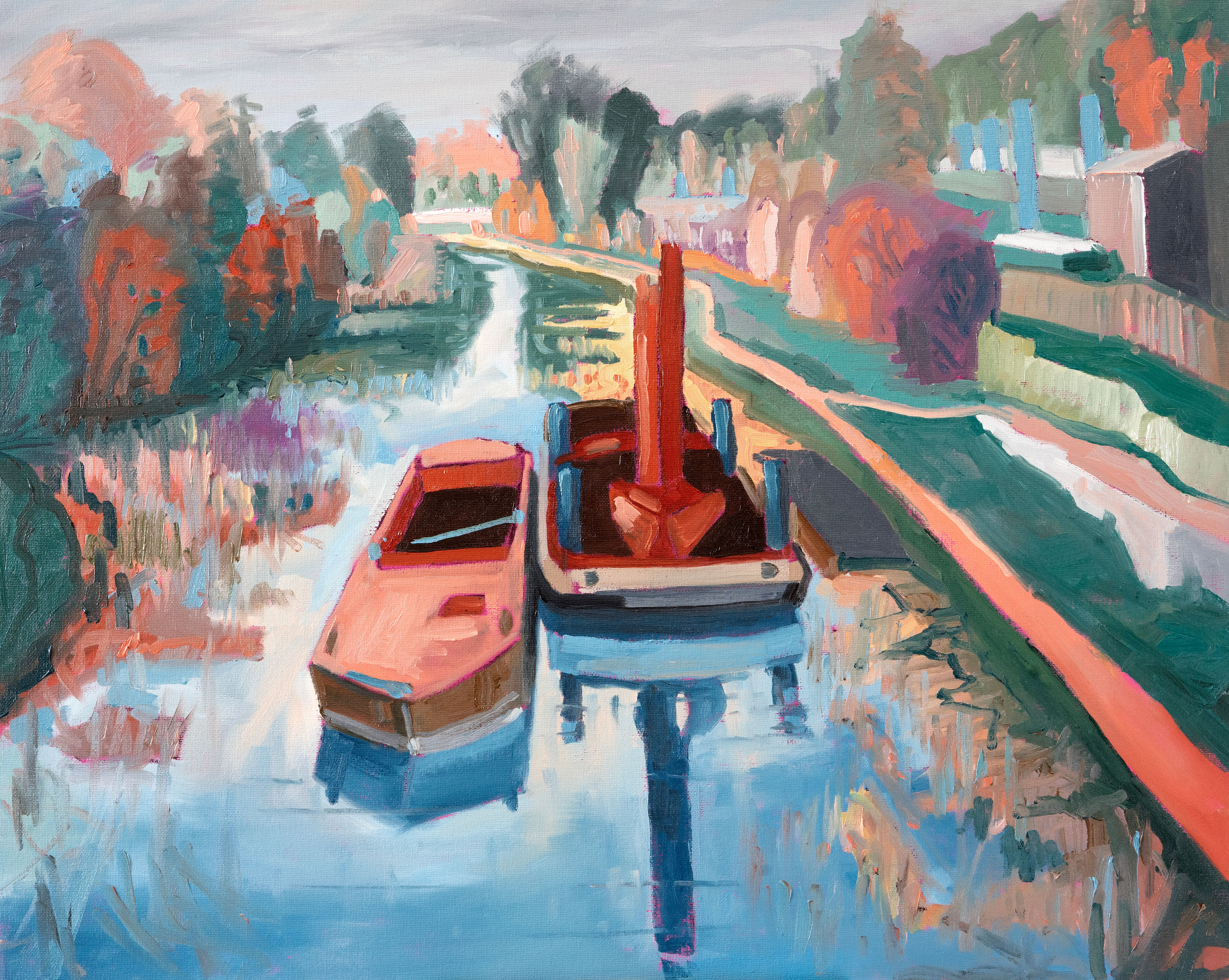 Dredger, dumb barge, industrial units  on canal near Thrupp, Stroud - Print