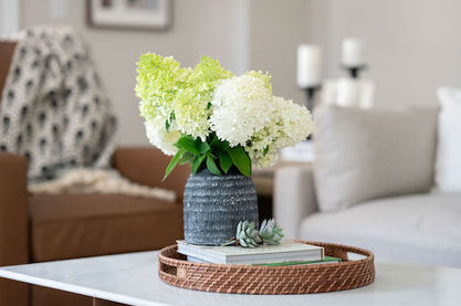 family living room with a focus on finishes, accessories, vintage, live flowers and plants and marble