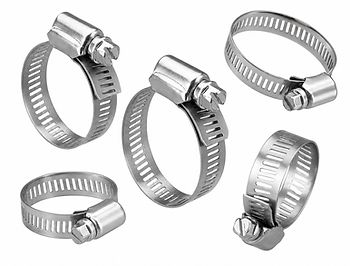 Assorted stainless steel worm drive hose clamps, used to secure hoses onto fittings.