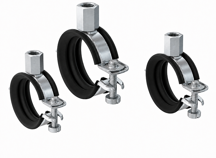 Hinged pipe clamps with rubber lining and threaded studs, used to hold pipes securely while reducing vibration.